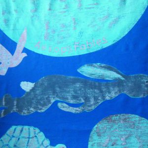 Tortoise and the Hare Detail of painted fabric artwork telling the story 'The Tortoise and the Hare' by Brian Thomas