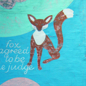 Tortoise and the Hare Detail of painted fabric artwork telling the story 'The Tortoise and the Hare' by Brian Thomas