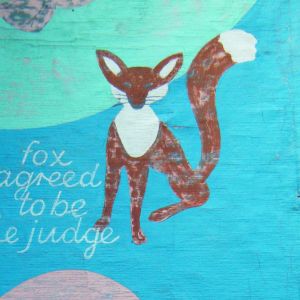 Tortoise and the Hare Detail of painted fabric artwork telling the story 'The Tortoise and the Hare' by Brian Thomas