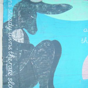 Tortoise and the Hare Detail of painted fabric artwork telling the story 'The Tortoise and the Hare' by Brian Thomas