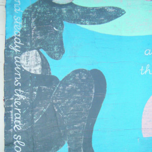 Tortoise and the Hare Detail of painted fabric artwork telling the story 'The Tortoise and the Hare' by Brian Thomas